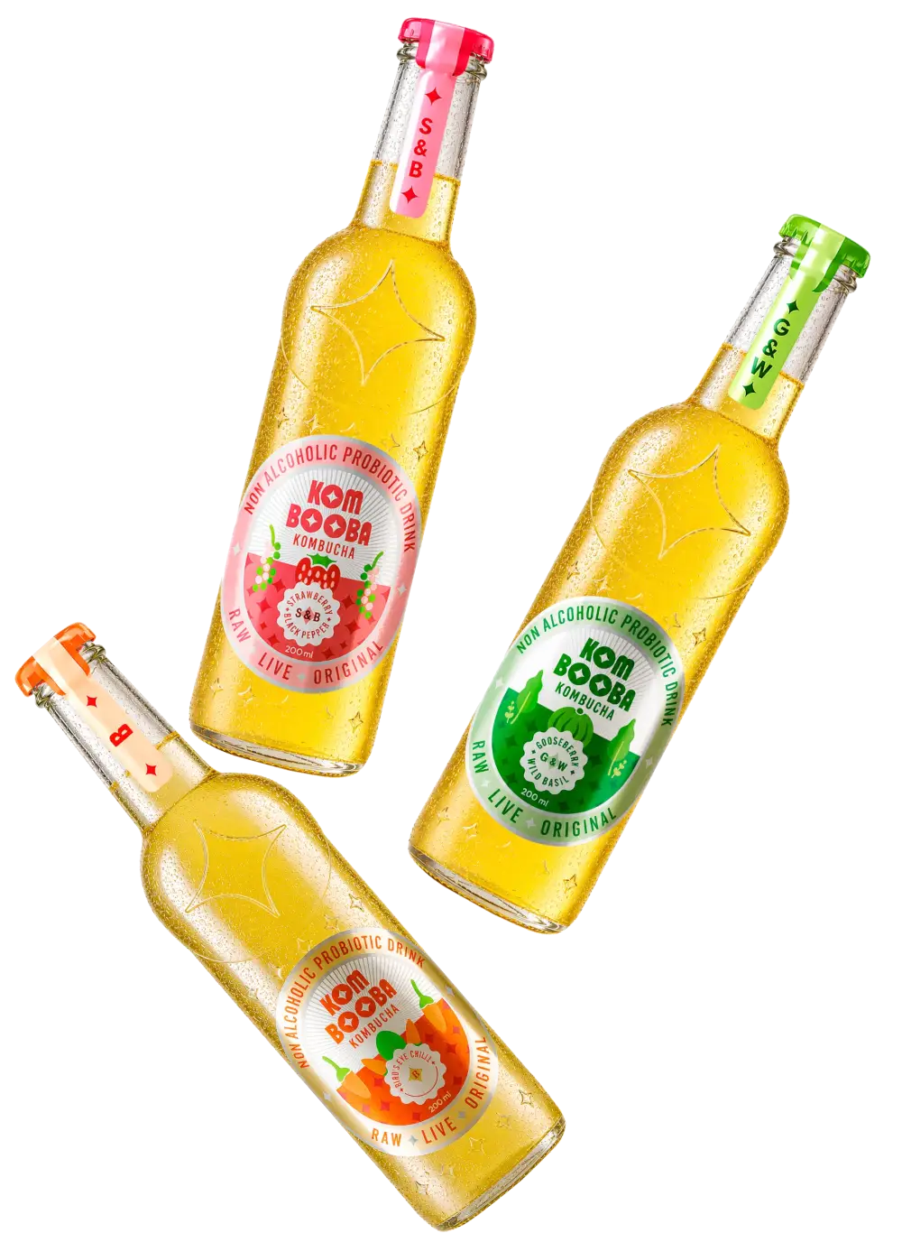 Three Kombooba kombucha flavours — Strawberry & Black Pepper, Gooseberry & Wild Basil, and Bird's Eye Chilli
